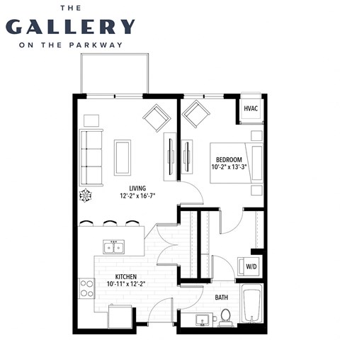 Floor plan for 1 bed, 1 bath, 711 sqft